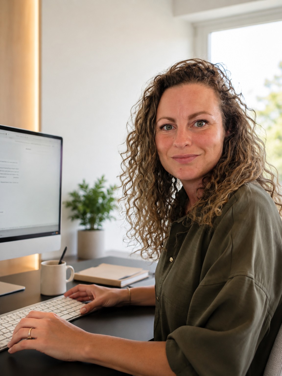 Faustine à son bureau, lumineux et rangé